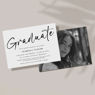 Simple Script Black White Photo Graduation Announcement