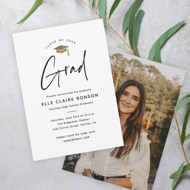 Simple Script Black & White Photo Graduation Announcement (Modern Elegant Script with Gold Cap Photo Graduation Announcement.)