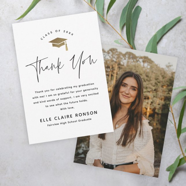 Simple Script Black & White Photo Graduation Thank You Card (Creator Uploaded)