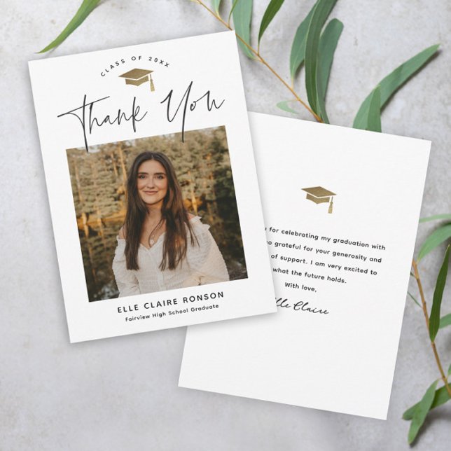 Simple Script Black & White Photo Graduation Thank You Card (Creator Uploaded)