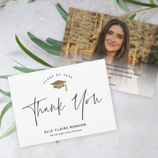 Simple Script Black & White Photo Graduation Thank You Card (Creator Uploaded)
