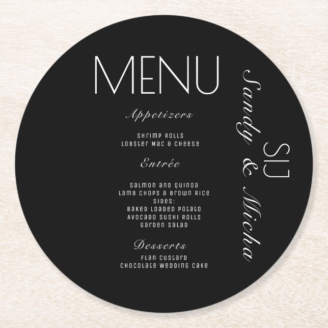 Simple Script  Black White Wedding Dinner Menu   Round Paper Coaster (Front)