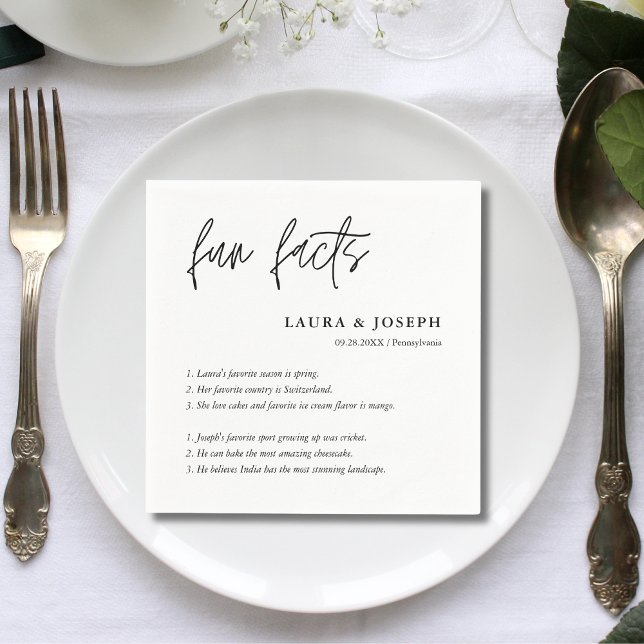 Simple Script Black White Wedding Fun Facts Napkin (Creator Uploaded)
