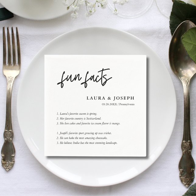 Simple Script Black White Wedding Fun Facts Napkin (Simple script black white wedding fun facts napkins add charm and spark guest smiles.)