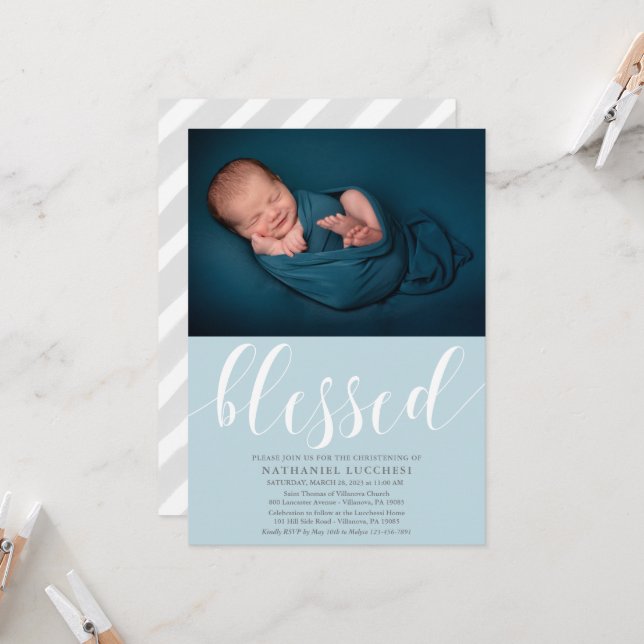 Simple Script Blessed Photo Christening Invitation (Front/Back In Situ)