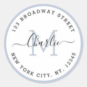 Simple script blue border monogram return address classic round sticker