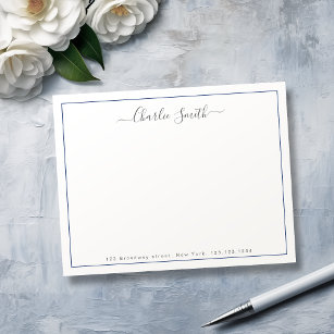 Simple script blue border personalised stationery card