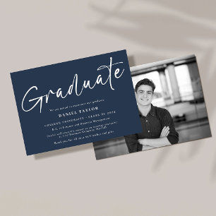 Simple Script Blue White Photo Graduation Announcement