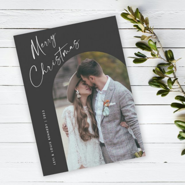 Simple Script Boho Arch Christmas Holiday Card (Simple script boho arch photo Christmas holiday card with modern elegant handwritten typography.)