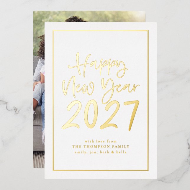 Simple Script Border Happy New Year 2027 Photo (Front/Back)