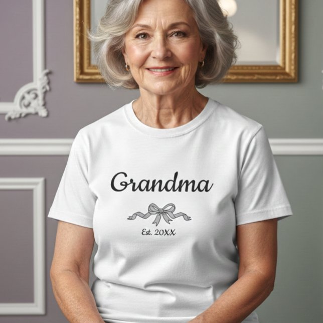 Simple Script Bow Grandma Est. Year White Text T-Shirt (Creator Uploaded)