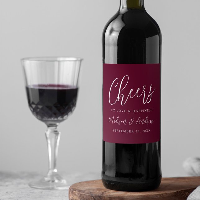 Simple Script Burgundy Cheers to Love Wedding Wine Label (Creator Uploaded)
