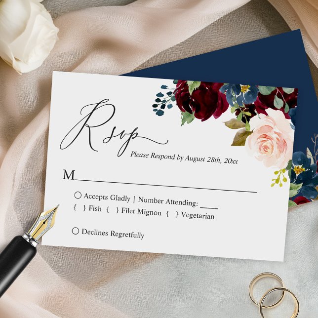 Simple Script Burgundy Navy Blush Floral Wedding RSVP Card (Creator Uploaded)