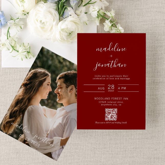Simple Script Burgundy Red Photo QR Code Wedding  Invitation (Creator Uploaded)