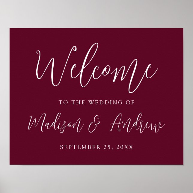 Simple Script Burgundy Wedding Welcome Poster (Front)