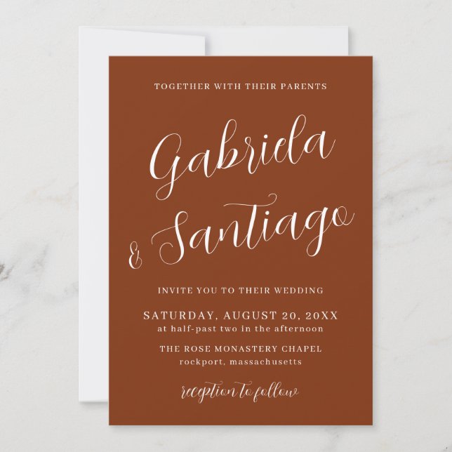 Simple Script Burnt Orange White Wedding Invitation (Front)