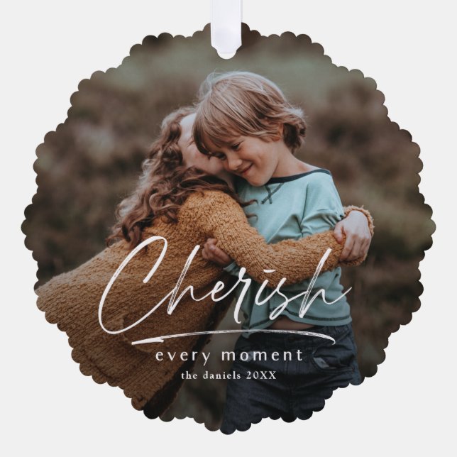 Simple Script Cherish 2 Photo Christmas Holiday Tree Decoration Card (Front)