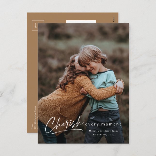 Simple Script Cherish Every Moment Photo Christmas Holiday Postcard (Front/Back)
