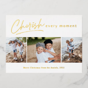 Simple Script Cherish Every Moment Photo Collage Foil Holiday Postcard