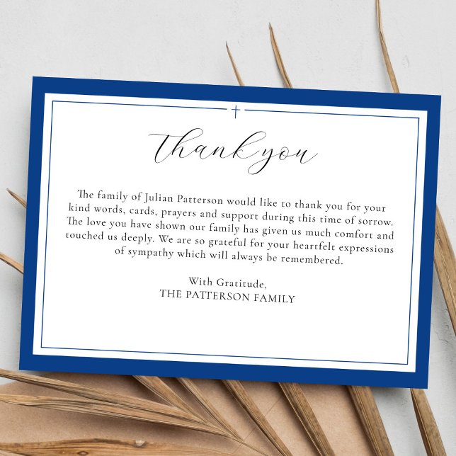 Simple Script Cross Blue Funeral Thank You Card (Creator Uploaded)