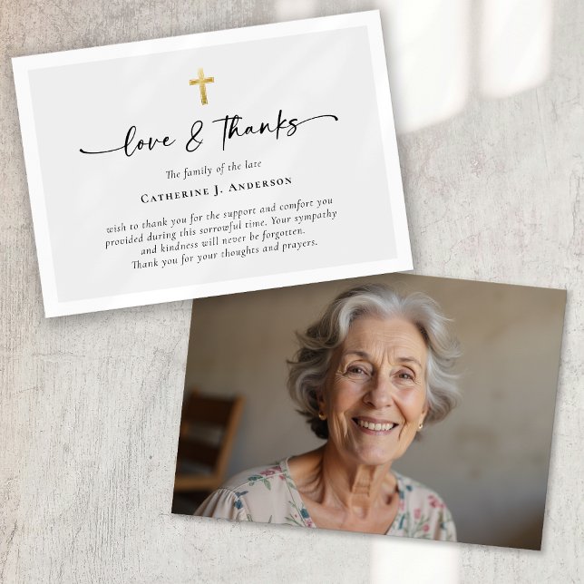 Simple Script Cross Photo Funeral Thank You Card (Creator Uploaded)