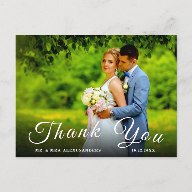 Simple Script Custom Photo H White Wedding Thank U Postcard (Front)