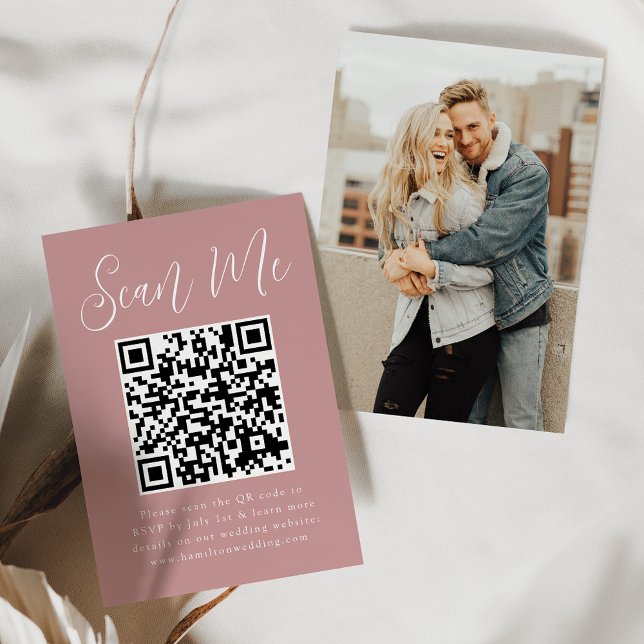 Simple Script Dusty Rose QR Code Wedding RSVP Enclosure Card (Creator Uploaded)