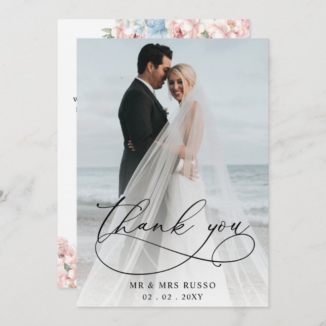 Simple Script Elegant Blush Floral Photo Wedding  Thank You Card (Front/Back)