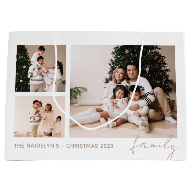 Simple Script Family Photo Collage Holiday Large Gift Bag (Front)