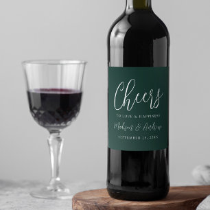 Simple Script Forest Green Cheers to Love Wedding Wine Label
