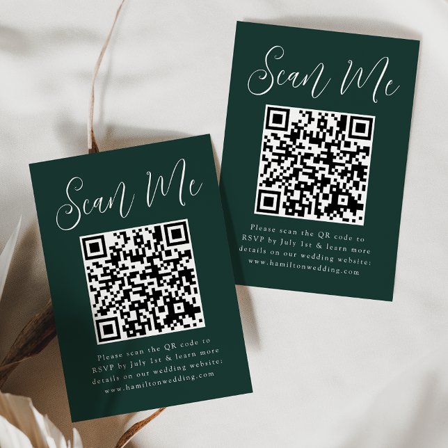 Simple Script Forest Green QR Code Wedding RSVP Enclosure Card (Creator Uploaded)
