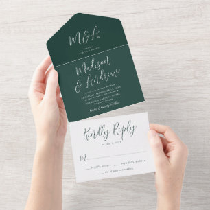 Simple Script Forest Green Wedding All In One Invitation