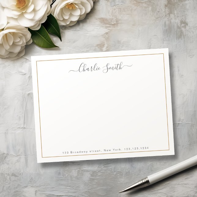 Simple script gold border personalised stationery card (Simple script gold border personalized stationery note card)