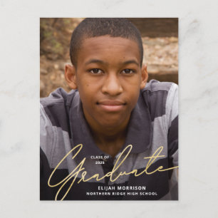 Simple Script Gold Overlay Photo Graduation Postcard