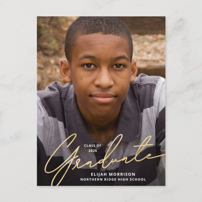 Simple Script Gold Overlay Photo Graduation Postcard (Front)