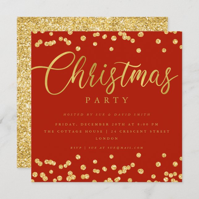 Simple Script Gold Red Confetti Christmas Party Invitation (Front/Back)