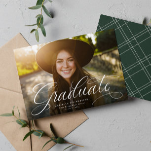Simple script graduate elegant green graduation announcement