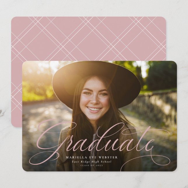 Simple script graduate golden pink graduation announcement (Front/Back)