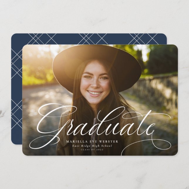Simple script graduate horizontal navy graduation announcement (Front/Back)