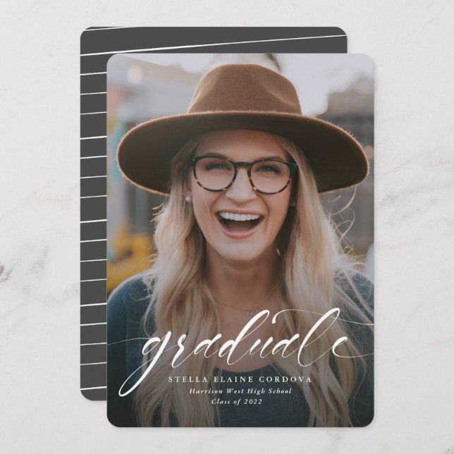 Simple script graduate one-photo grey announcement (Front/Back)
