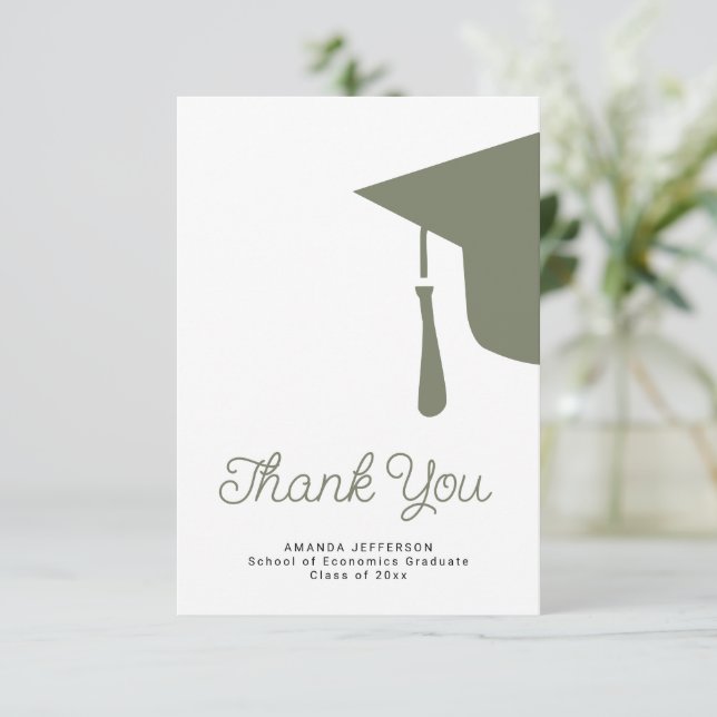 Simple script graduation cap personalised thank you card (Standing Front)