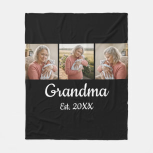 Simple Script Grandma Est. 3 Photo Year Fleece Blanket