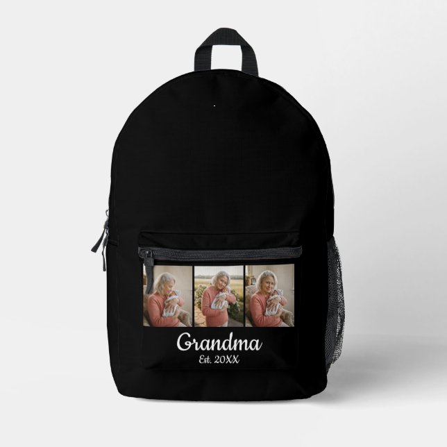 Simple Script Grandma Est. 3 Photo Year Printed Backpack (Front)