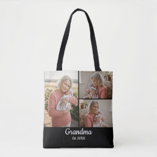 Simple Script Grandma Est. 3 Photo Year Tote Bag
