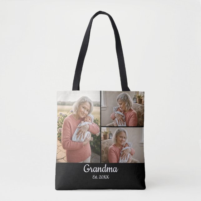 Simple Script Grandma Est. 3 Photo Year Tote Bag (Front)