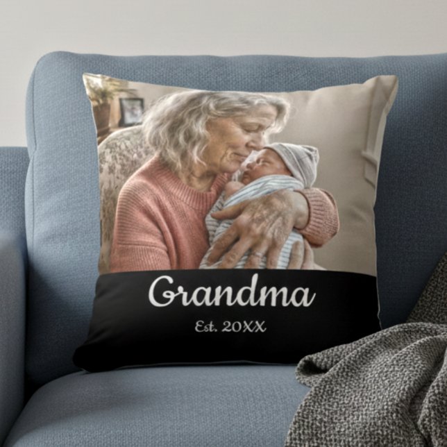 Simple Script Grandma Est.Photo Year Black Cushion (Creator Uploaded)