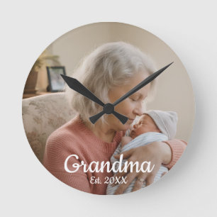 Simple Script Grandma Est.Photo Year Black Round Clock