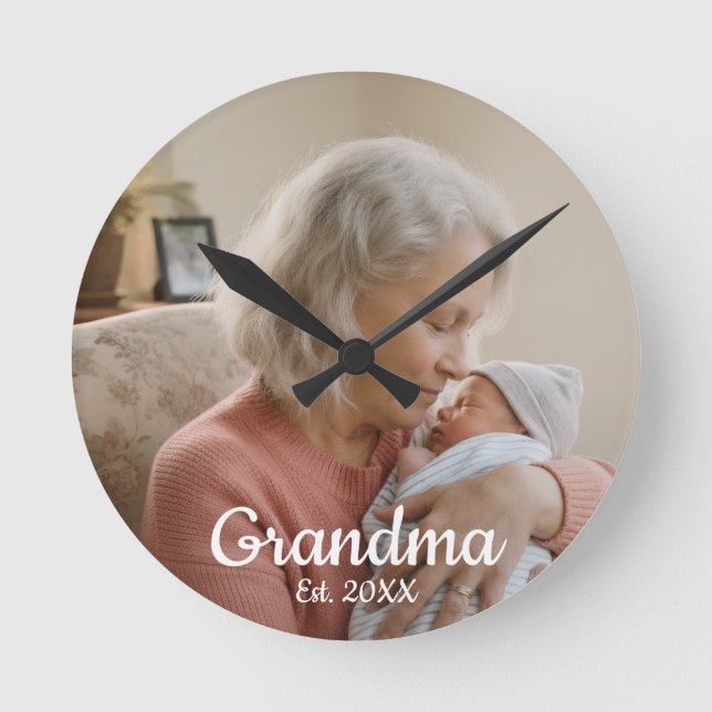 Simple Script Grandma Est.Photo Year Black Round Clock (Front)
