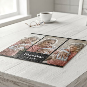 Simple Script Grandma Year Est. 3 Photo Acrylic Jigsaw Puzzle