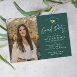 Simple Script Green Photo Graduation Party Invitation<br><div class="desc">Simple Script Green Photo Graduation Party invitation with elegant gold foil cap and minimalist typography. Click the personalise button to customise this design. If you wish to customise further like change font sizes and background colours, click the personalise button, then scroll down and click the edit with design tool for...</div>